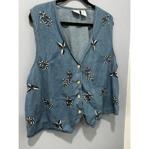 Vintage Bobbie Brooks Denim Christmas Holly Embroidered Vest 22W/24W EUC